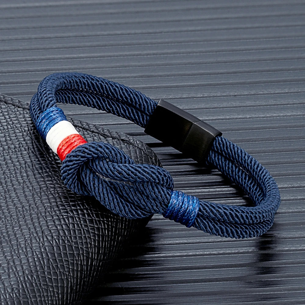 Bracelet Homme Tricolore France – Cordon Tressé Acier Inoxydable | Édition Supporter
